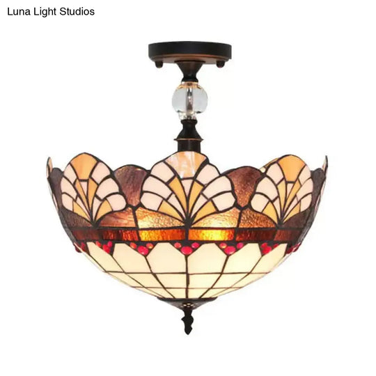 Traditional Tiffany Stained Glass Ceiling Lamp - Scalloped Semi Flush 12’ Or 16’ Bronze Finish