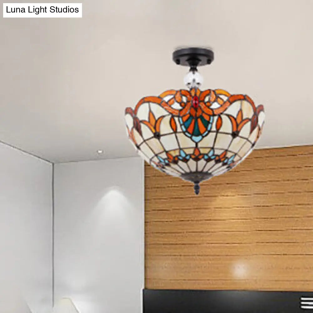 Traditional Tiffany Stained Glass Ceiling Lamp - Scalloped Semi Flush 12 Or 16 Bronze Finish With
