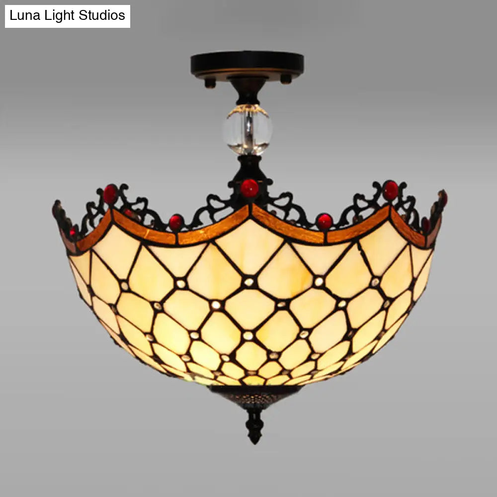 Traditional Tiffany Stained Glass Ceiling Lamp - Scalloped Semi Flush 12’ Or 16’ Bronze Finish