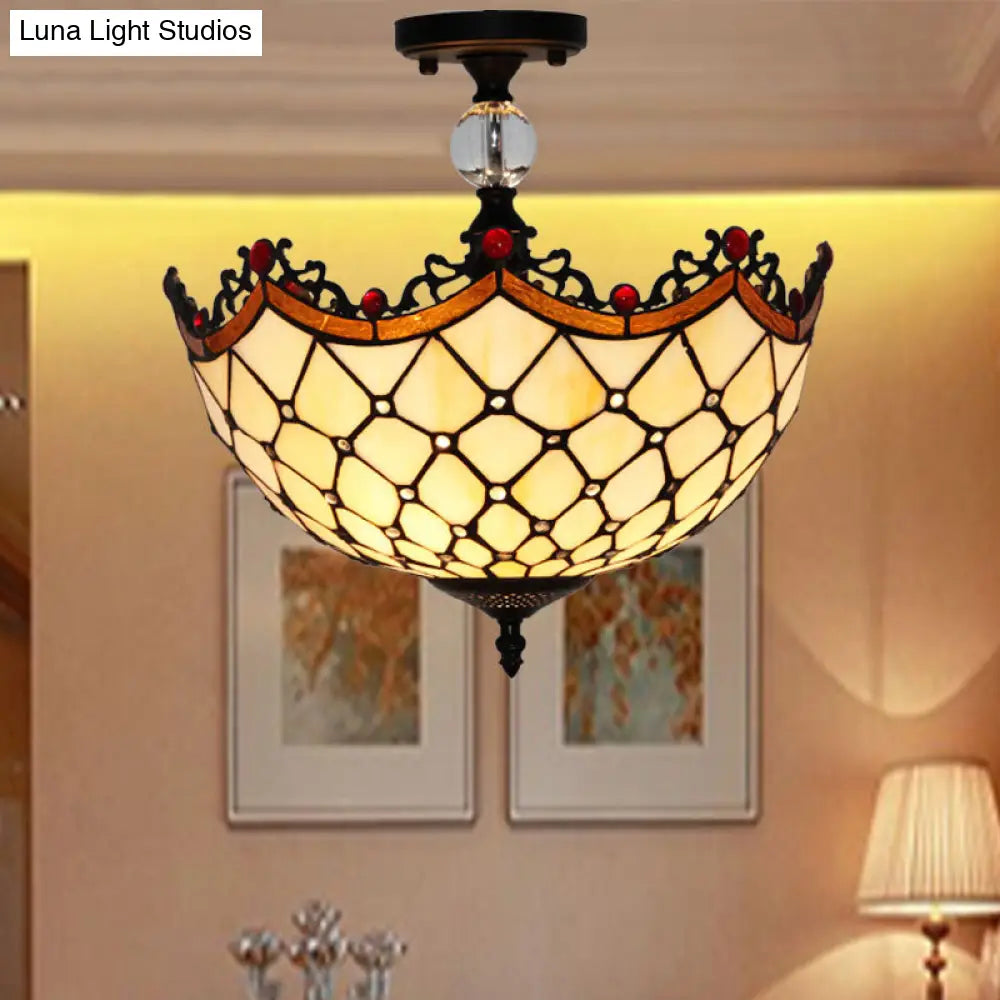 Traditional Tiffany Stained Glass Ceiling Lamp - Scalloped Semi Flush 12 Or 16 Bronze Finish With