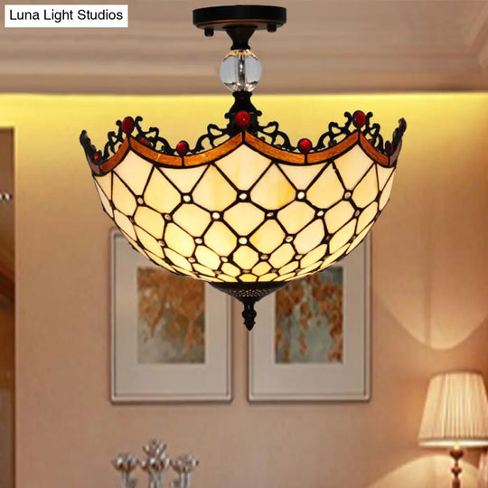 Traditional Tiffany Stained Glass Ceiling Lamp - Scalloped Semi Flush 12 Or 16 Bronze Finish With