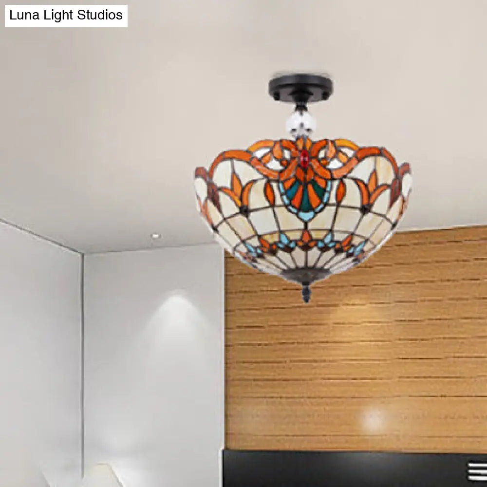 Traditional Tiffany Stained Glass Ceiling Lamp - Scalloped Semi Flush 12’ Or 16’ Bronze Finish