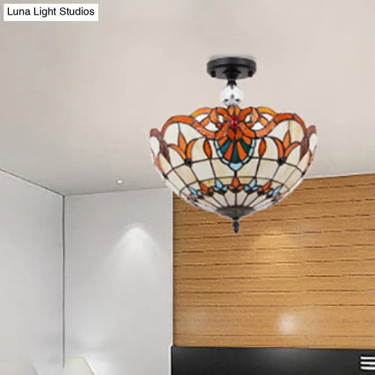Traditional Tiffany Stained Glass Ceiling Lamp - Scalloped Semi Flush 12’ Or 16’ Bronze Finish