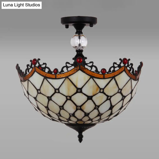 Traditional Tiffany Stained Glass Ceiling Lamp - Scalloped Semi Flush 12 Or 16 Bronze Finish With