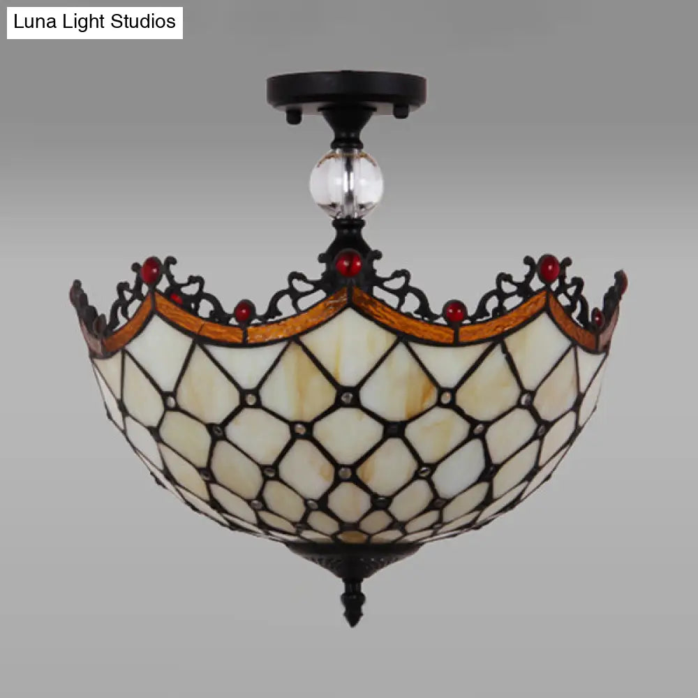 Traditional Tiffany Stained Glass Ceiling Lamp - Scalloped Semi Flush 12’ Or 16’ Bronze Finish