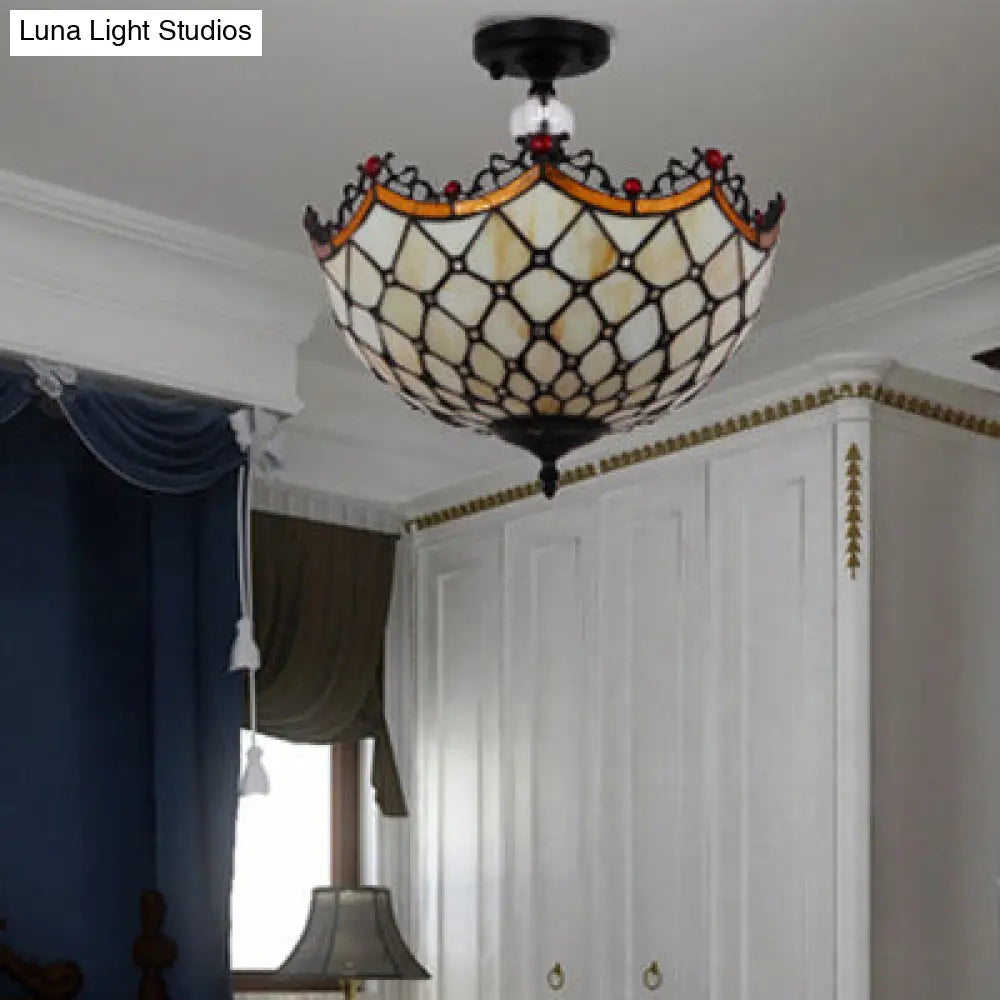 Traditional Tiffany Stained Glass Ceiling Lamp - Scalloped Semi Flush 12 Or 16 Bronze Finish With