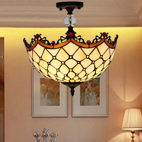 Traditional Tiffany Stained Glass Ceiling Lamp - Scalloped Semi Flush 12’ Or 16’ Bronze Finish