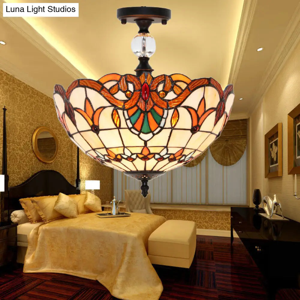 Traditional Tiffany Stained Glass Ceiling Lamp - Scalloped Semi Flush 12 Or 16 Bronze Finish With