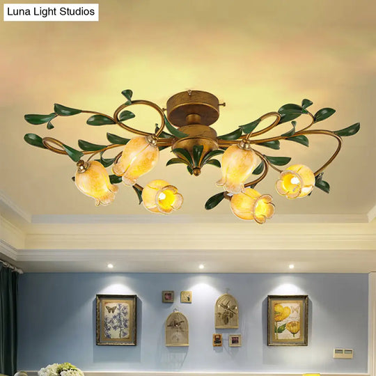 Traditional Tulip Glass Semi Flush Mount Chandelier - White/Yellow 6-Light Fixture For Dining Room