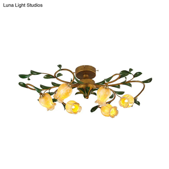 Traditional Tulip Glass Semi Flush Mount Chandelier - White/Yellow 6 - Light Fixture For Dining