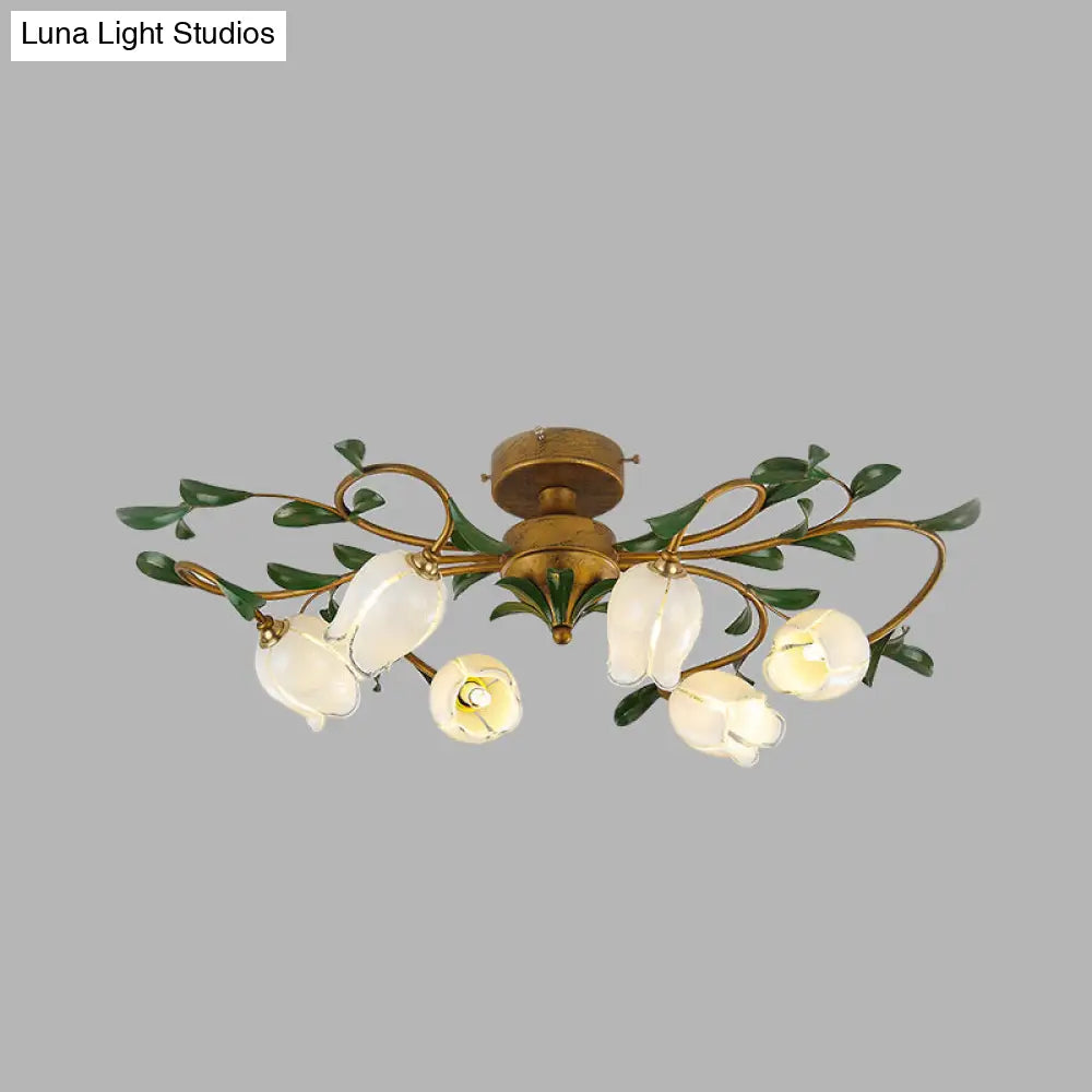Traditional Tulip Glass Semi Flush Mount Chandelier - White/Yellow 6 - Light Fixture For Dining