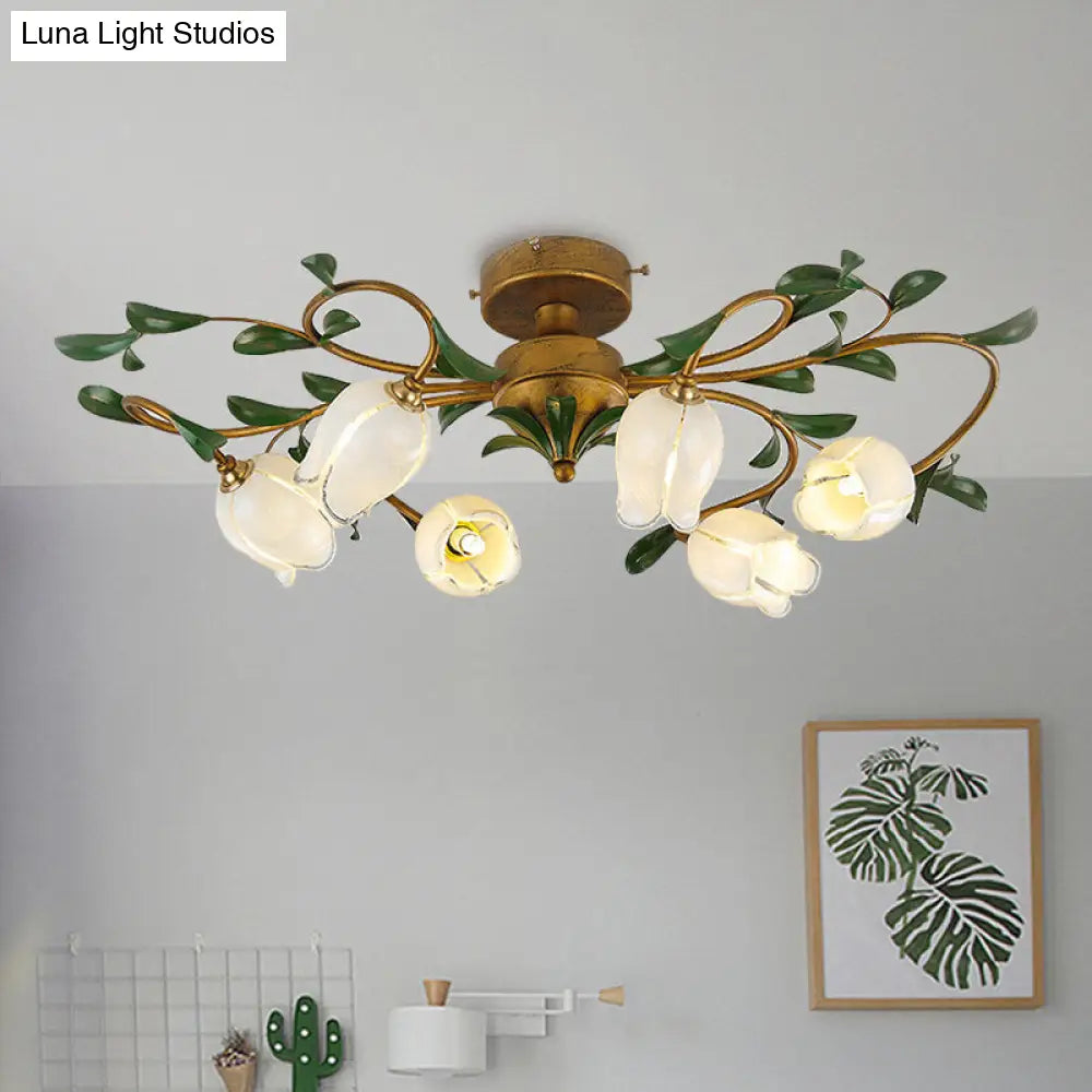 Traditional Tulip Glass Semi Flush Mount Chandelier - White/Yellow 6-Light Fixture For Dining Room