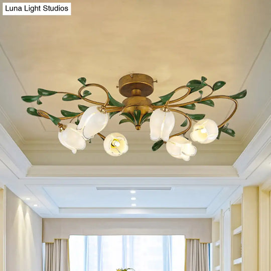 Traditional Tulip Glass Semi Flush Mount Chandelier - White/Yellow 6 - Light Fixture For Dining
