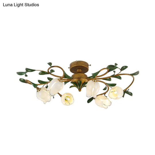 Traditional Tulip Glass Semi Flush Mount Chandelier - White/Yellow 6 - Light Fixture For Dining