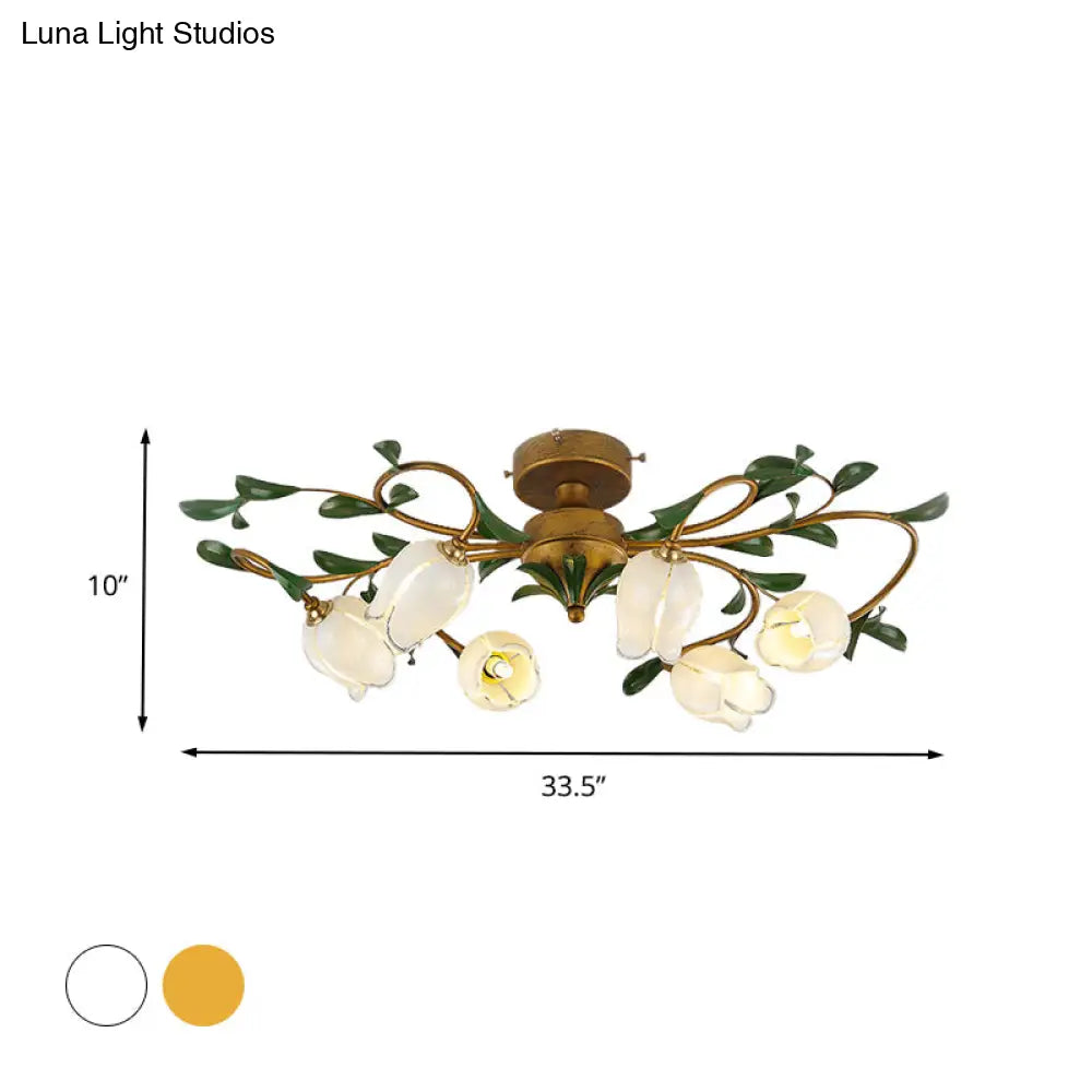 Traditional Tulip Glass Semi Flush Mount Chandelier - White/Yellow 6 - Light Fixture For Dining