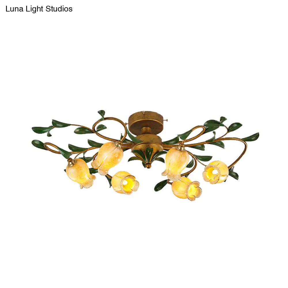 Traditional Tulip Glass Semi Flush Mount Chandelier - White/Yellow 6-Light Fixture For Dining Room