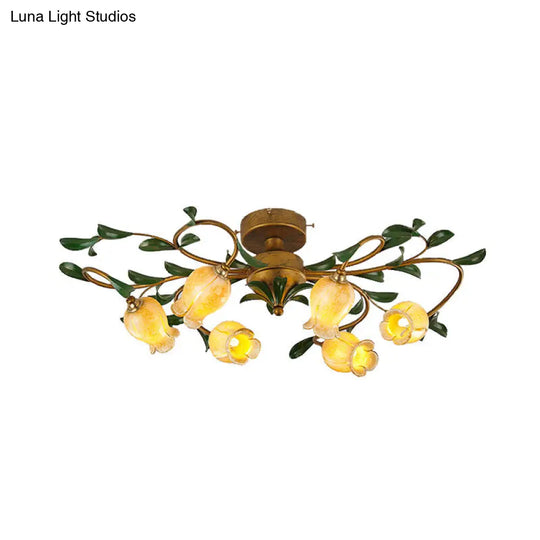 Traditional Tulip Glass Semi Flush Mount Chandelier - White/Yellow 6-Light Fixture For Dining Room
