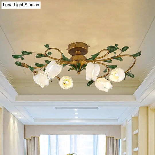 Traditional Tulip Glass Semi Flush Mount Chandelier - White/Yellow 6-Light Fixture For Dining Room
