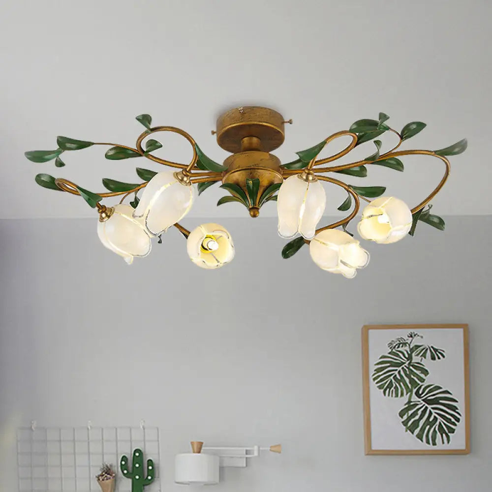 Traditional Tulip Glass Semi Flush Mount Chandelier - White/Yellow 6 - Light Fixture For Dining