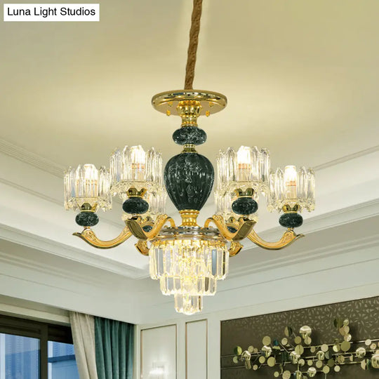 Traditional Urn Chandelier 6-Bulb Crystal Ceiling Lamp - Red/Green With Drum Shade Green