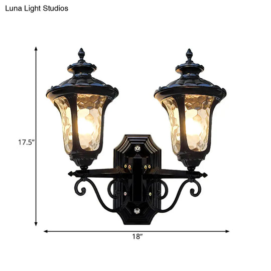 Traditional Urn-Shade Clear Dimple Glass Sconce Lamp - 2 Bulbs Wall Mount Light In Black