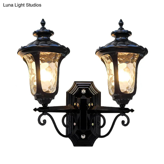 Traditional Urn-Shade Clear Dimple Glass Sconce Lamp - 2 Bulbs Wall Mount Light In Black