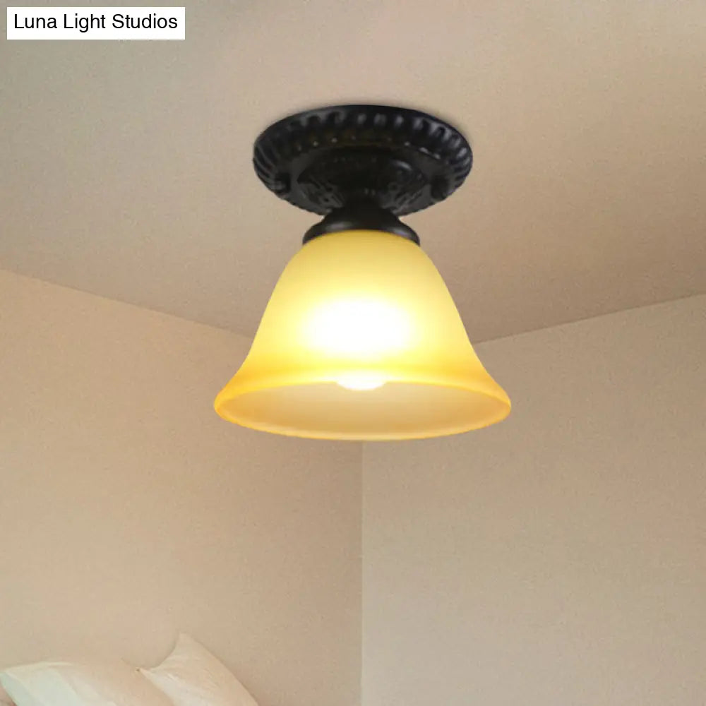 Traditional White/Amber Glass Flush Mount Ceiling Lamp For Living Room With 1 Light Cone Amber