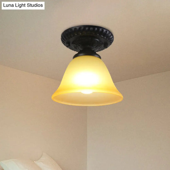 Traditional White/Amber Glass Flush Mount Ceiling Lamp For Living Room With 1 Light Cone Amber
