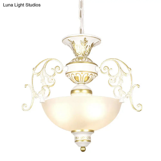 Traditional White/Black Frosted Glass Chandelier Light - 3 Bulbs Bowl Ceiling Fixture For Corridor