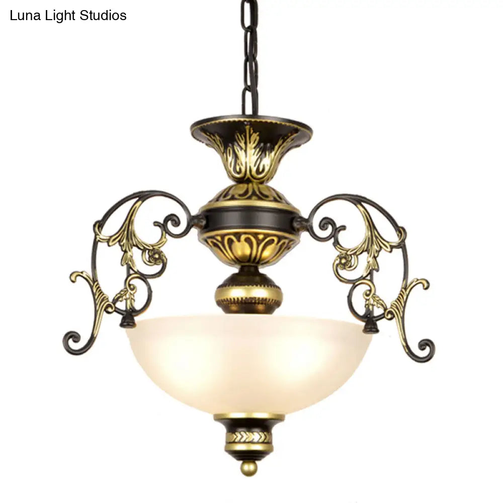 Traditional White/Black Frosted Glass Chandelier Light - 3 Bulbs Bowl Ceiling Fixture For Corridor