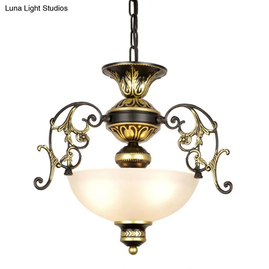 Traditional White/Black Frosted Glass Chandelier Light - 3 Bulbs Bowl Ceiling Fixture For Corridor