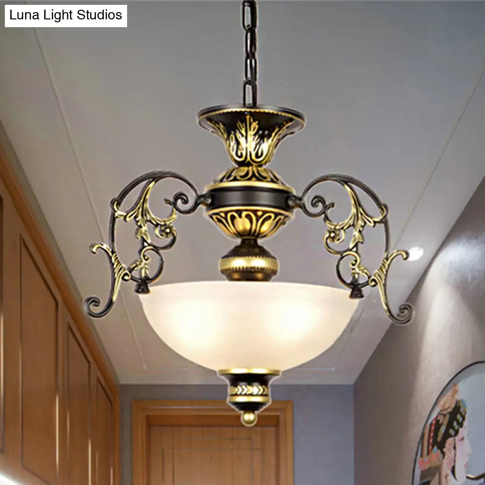 Traditional White/Black Frosted Glass Chandelier Light - 3 Bulbs Bowl Ceiling Fixture For Corridor
