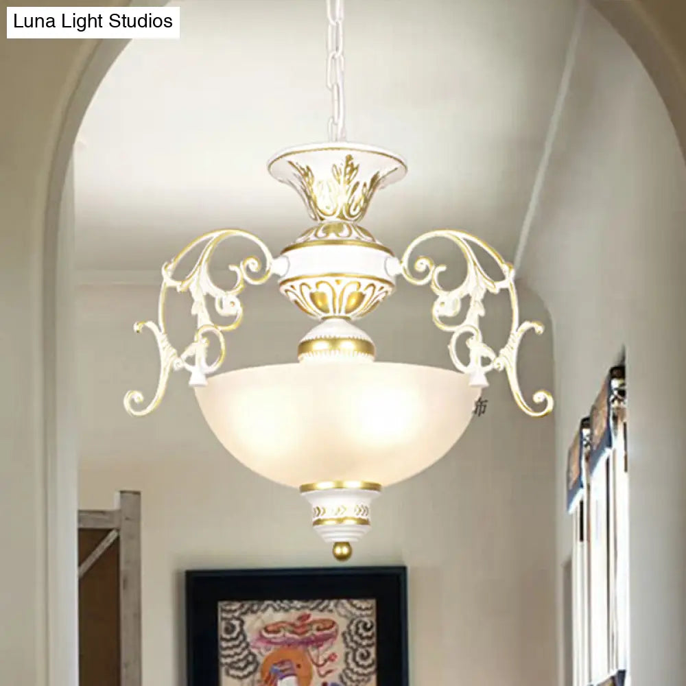 Traditional White/Black Frosted Glass Chandelier Light - 3 Bulbs Bowl Ceiling Fixture For Corridor