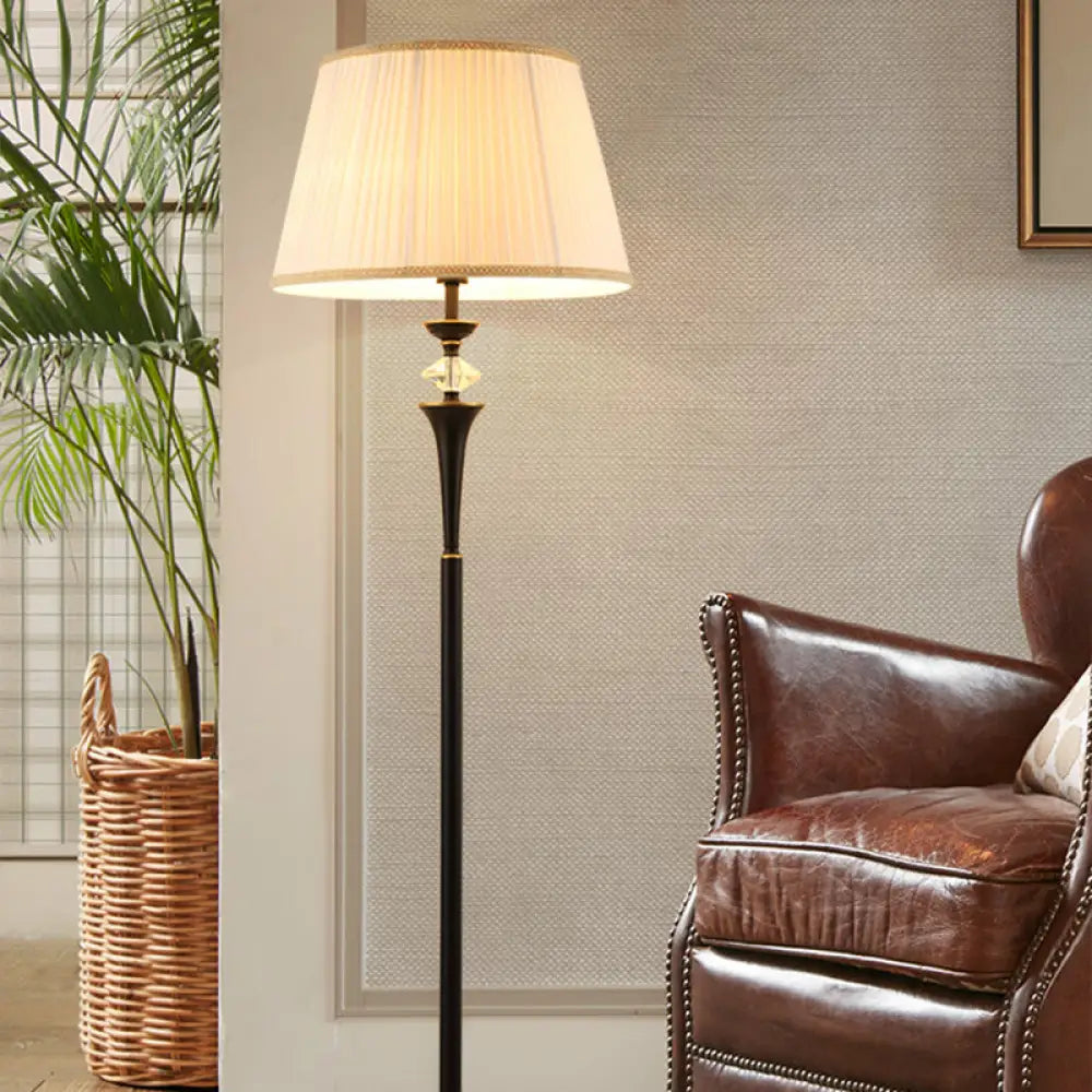 Traditional White Bucket Pleated Fabric Floor Lamp Stand Up Lighting For Living Room
