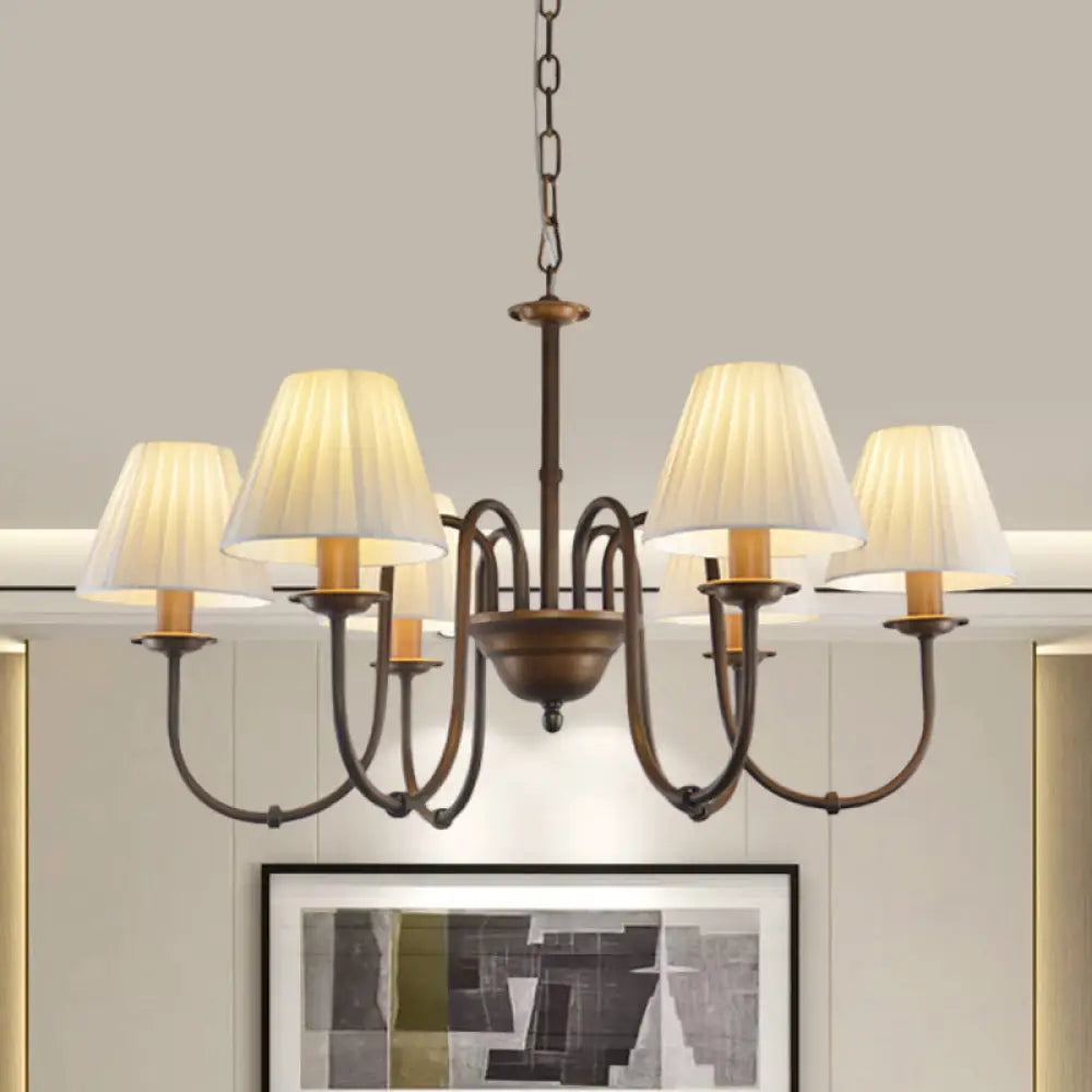 Traditional White Chandelier Light Fixture With Fabric Scroll Pendant For Living Room - 3/6 Lights