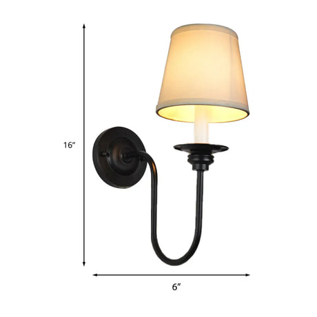 Traditional White Cone Fabric Wall Sconce With Metal Arched Arm - Bedroom Lighting