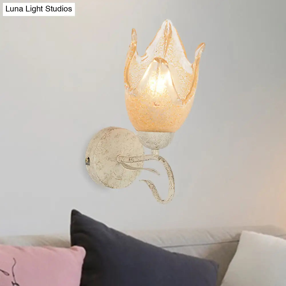 Traditional White Floral Wall Sconce Light With Frosted Glass Elegant 1-Head Lighting For Living