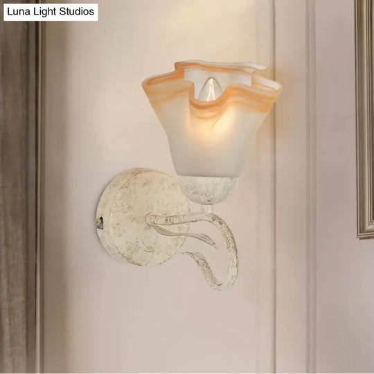 Traditional White Floral Wall Sconce Light With Frosted Glass Elegant 1-Head Lighting For Living