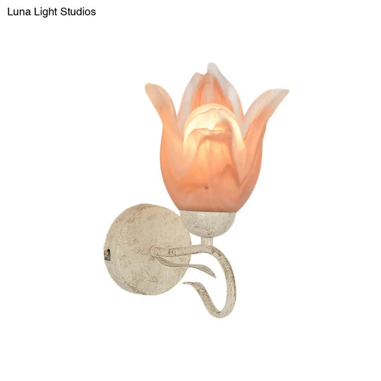 Traditional White Floral Wall Sconce Light With Frosted Glass Elegant 1-Head Lighting For Living