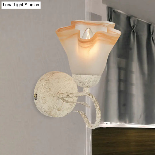 Traditional White Floral Wall Sconce Light With Frosted Glass Elegant 1-Head Lighting For Living