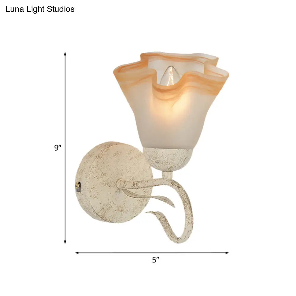 Traditional White Floral Wall Sconce Light With Frosted Glass Elegant 1-Head Lighting For Living