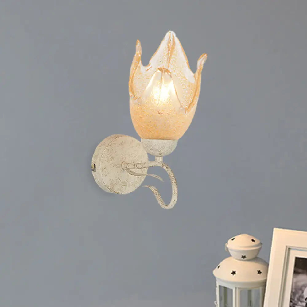 Traditional White Floral Wall Sconce Light With Frosted Glass Elegant 1-Head Lighting For Living