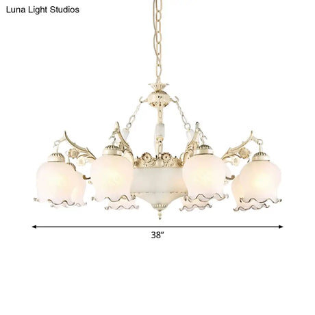 Traditional White Glass Chandelier - Flower Bud Design | Dining Room Drop Lamp 11 Lights