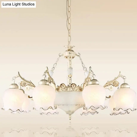 Traditional White Glass Chandelier - Flower Bud Design | Dining Room Drop Lamp 11 Lights