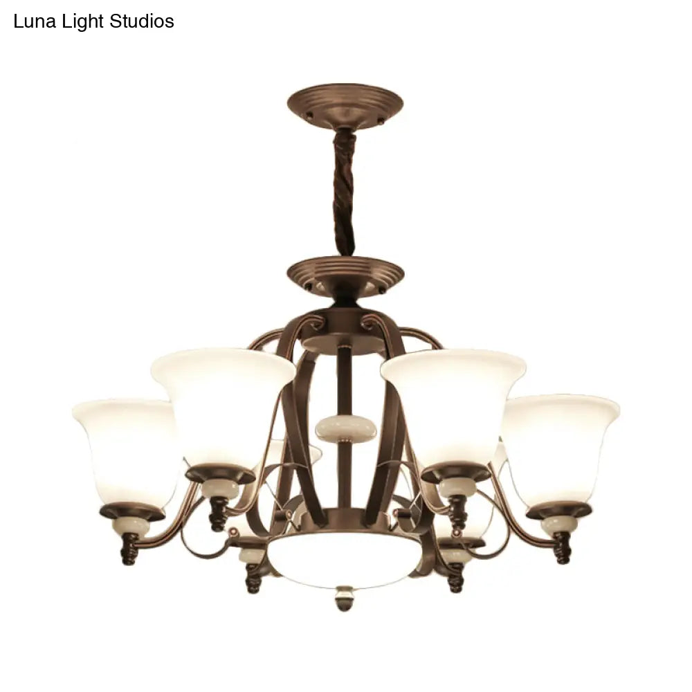Traditional White Glass Chandelier Lamp With Dark Coffee Bell Shades - 3/6/8 Lights For Living Room
