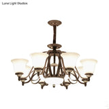 Traditional White Glass Chandelier Lamp With Dark Coffee Bell Shades - 3/6/8 Lights For Living Room
