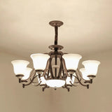Traditional White Glass Chandelier Lamp With Dark Coffee Bell Shades - 3/6/8 Lights For Living Room