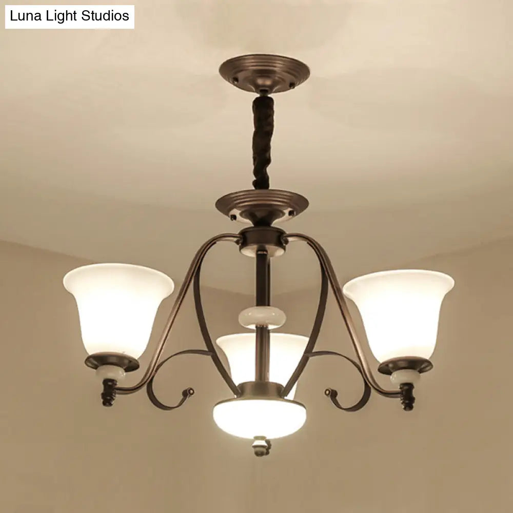 Traditional White Glass Chandelier Lamp With Dark Coffee Bell Shades - 3/6/8 Lights For Living Room