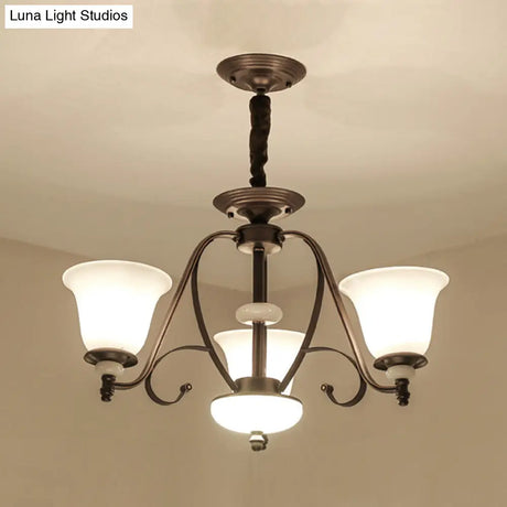 Traditional White Glass Chandelier Lamp With Dark Coffee Bell Shades - 3/6/8 Lights For Living Room