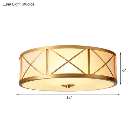 Traditional White Glass Drum Dining Room Flushmount Light With Brass Accent 4 Lights 11’/14’/18’ W